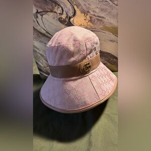 Gucci Pink GG Monogram Canvas Bucket Hat with Tan Leather Band